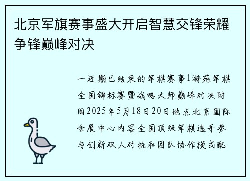 北京军旗赛事盛大开启智慧交锋荣耀争锋巅峰对决